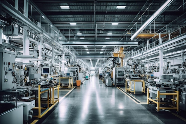 Szeroki widok inteligentnej fabryki pokazujący wysoką automatyzację i połączone ze sobą urządzenia