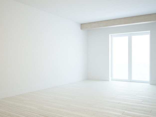 Szerokie okna tarasowe w białym pokoju z marmurową błyszczącą podłogą