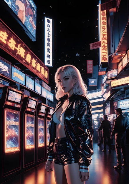 Szerokie ujęcie środowiska w stylu anime z lat 90. przedstawiające chaotyczną salon gier nocą, kobietę ubraną na ulicy