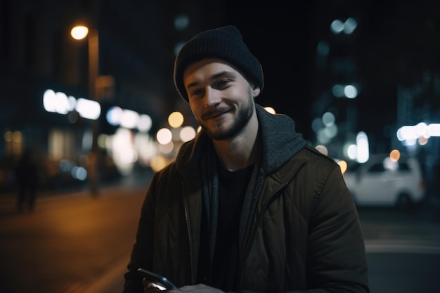 Szerokokątne ujęcie młodego kaukaskiego mężczyzny modnych ubrań za pomocą telefonu komórkowego z tłem miejskiej ulicy miasta w nocy Generative AI AIG18