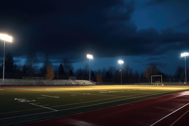 Szerokokątne ujęcie nowoczesnego boiska sportowego z reflektorami utworzonymi za pomocą generatywnej sztucznej inteligencji