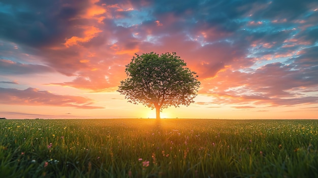 Szerokokątne ujęcie pojedynczego drzewa rosnącego pod generatywnym słońcem Ai