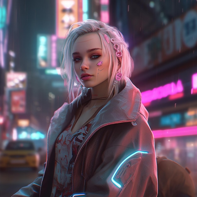 Szerokokątne zdjęcie blond cyberpunkowej dziewczyny bez świecących niebieskich oczu Ina neonowe miasto