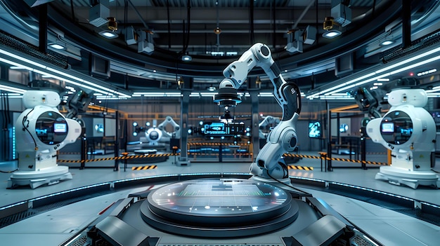 Szerokokątne zdjęcie jednostki produkcyjnej z robotami pokazujące zautomatyzowane roboty montujące wysokiej technologii