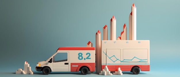 szerokokątny obraz 3D ambulansów z zabawkami nałożony na wykres rozwoju firmy