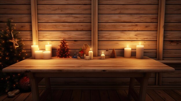 Zdjęcie szerszy widok drewnianego biurka z świątecznym wystrojem w domu w zimie