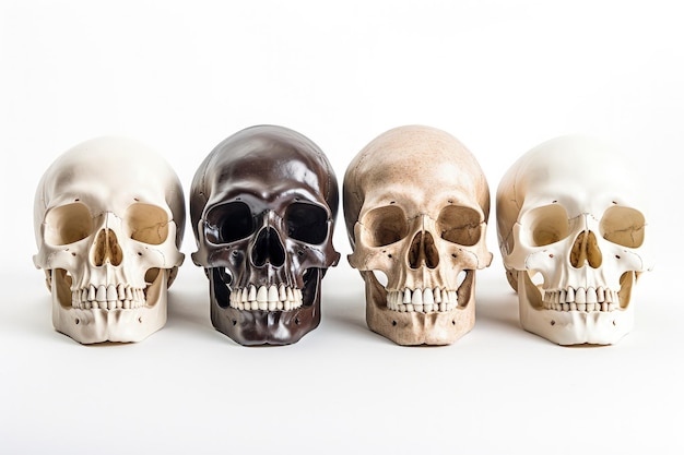 Zdjęcie sześć plastikowych ludzkich czaszek z otwartymi szczękami ustawionymi inaczej na białym tle