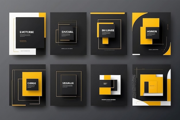Sześć zestawów edytowalnych minimalnych kwadratowych szablonów banerów Czarny żółty kolor tła geometryczny kształt linii kwadratowej