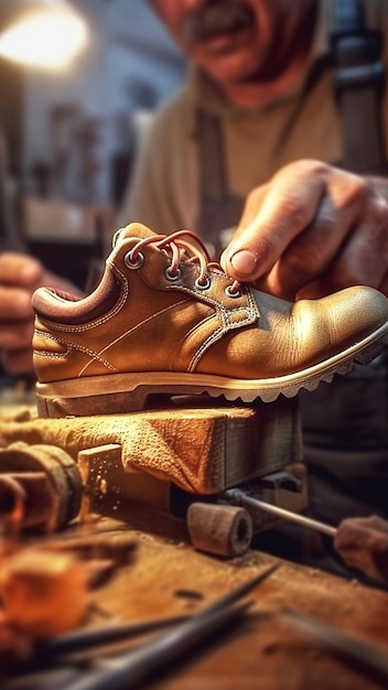 Zdjęcie szewiec naprawia buty w warsztacie closeup generative ai