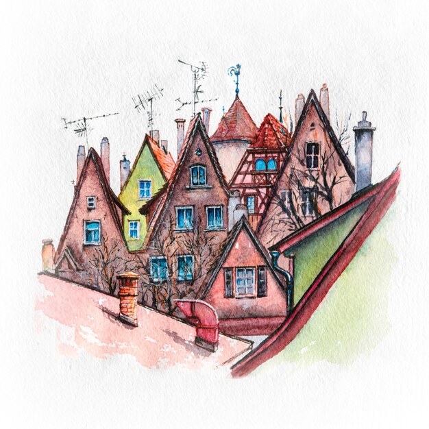 Szkic Akwarela Osobliwych Kolorowych Domów