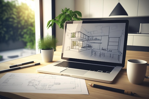 Szkic CAD i projekt wnętrz na ekranie na drewnianym biurku z laptopem i tabletem na pierwszym planie z mglistym szkicem w tle i współczesną białą łazienką