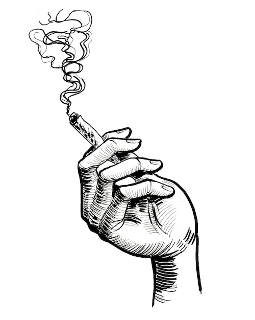Szkic dłoni trzymającej papierosa, z którego wydobywa się dym.