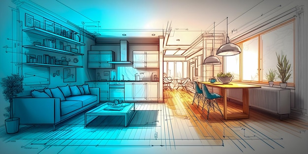 Szkic i plan jasne wnętrze nowego mieszkania ręcznie rysowane ilustracji