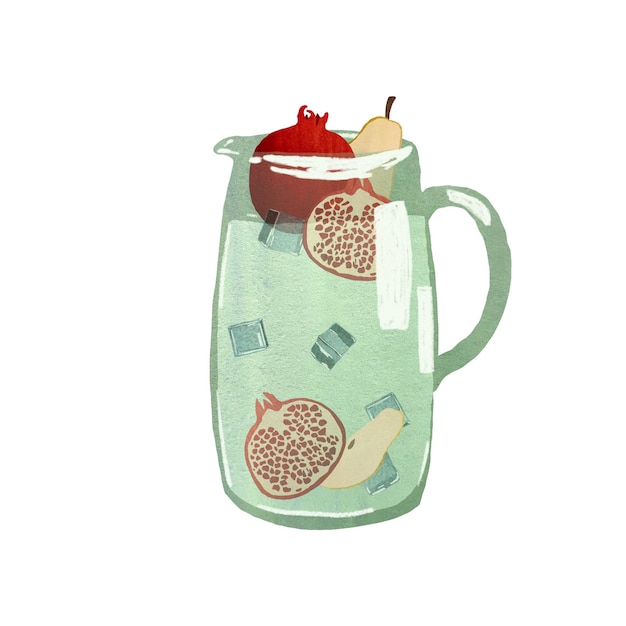 Szkic lodu z gruszki z karafki z granatem. Ilustracja akwarela. Ręcznie rysowana tekstura i izolat