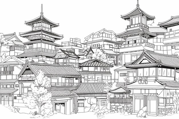 Szkic miasta z pagodą i pagodą.
