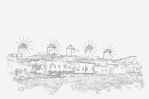 Szkic obrazu panoramy miasta Mykonos Cyklady wyspyMykonos Grecja