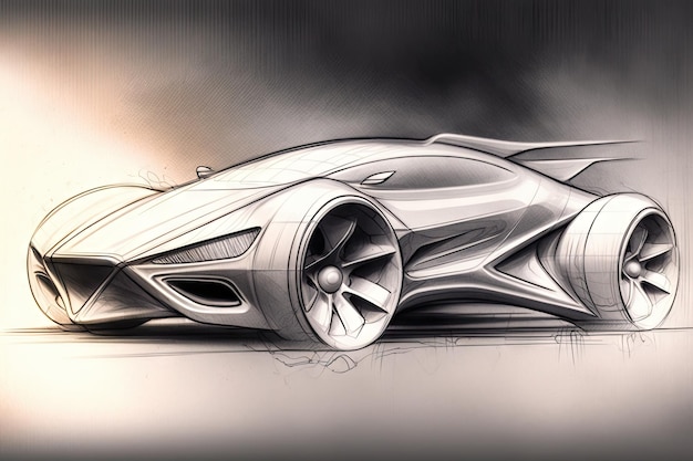 Szkic ołówkiem futurystycznego samochodu o eleganckich liniach i innowacyjnych funkcjach stworzonych za pomocą generatywnej sztucznej inteligencji