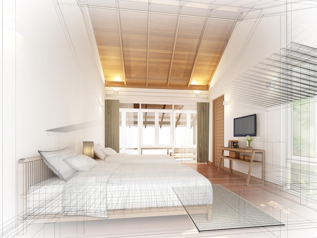 szkic projektu sypialni na poddaszu, renderowanie 3d