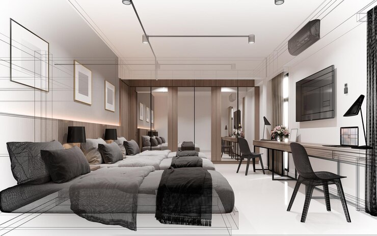 Zdjęcie szkic projektu wnętrza sypialni, renderowania 3d, drucianej ramy