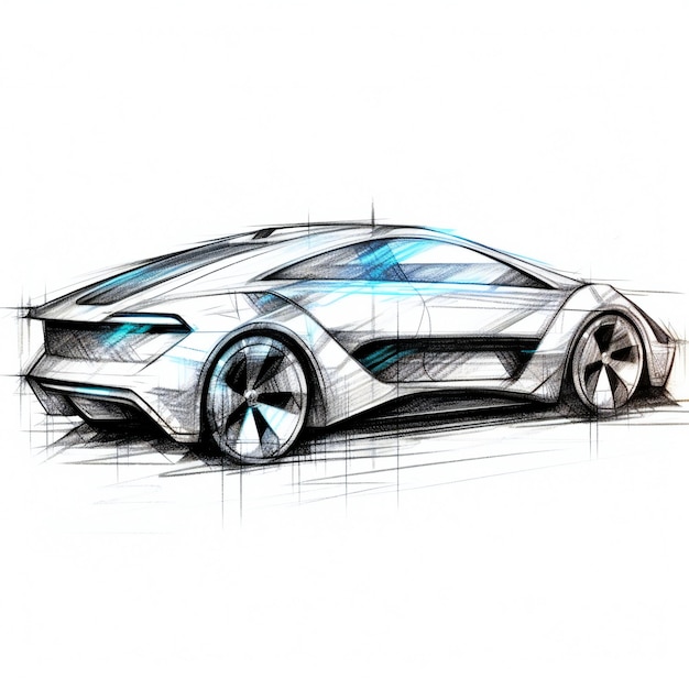 szkic sylwetki futurystycznego sedana Samochód ze wszystkich wymiarów bocznych narysowany ołówkiem w kolorze białym