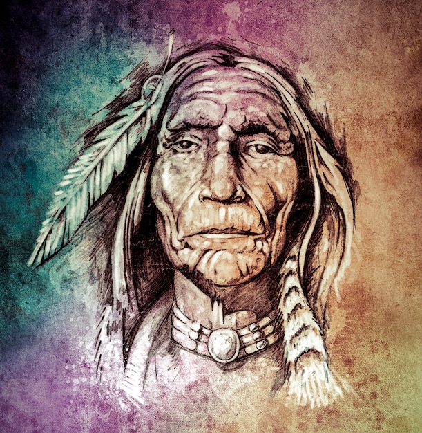 Szkic sztuki tatuażu, portret głowy indian amerykańskich nad kolorowym papierem