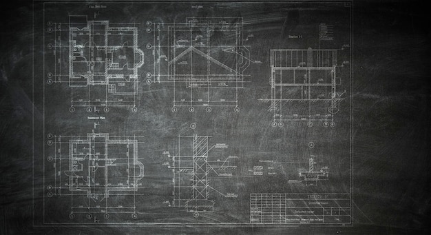 Szkice architektoniczne na czarnej tablicy. różne środki przekazu