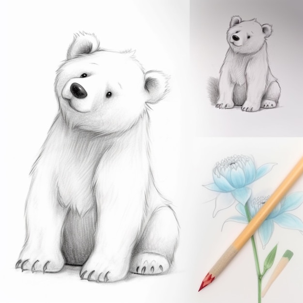 szkice niedźwiedzia polarnego i kwiatu ołówkiem generatywny ai