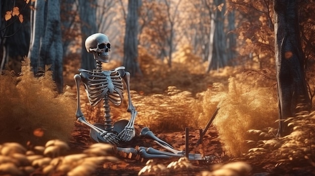 Szkielet człowieka w lesie Koncepcja Halloween generatywna ai