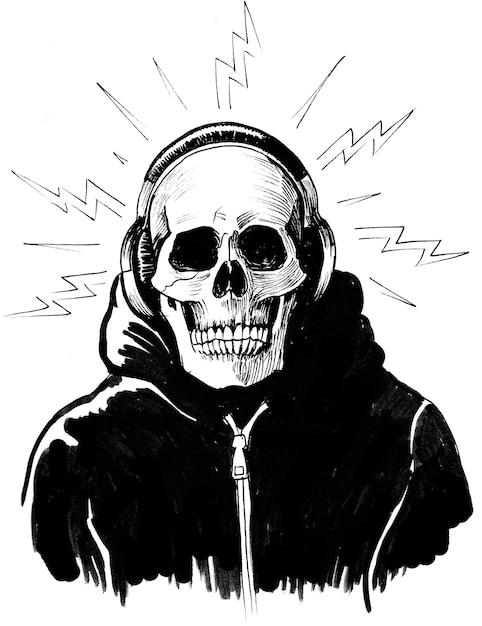 Szkielet człowieka w słuchawkach do słuchania muzyki. Czarno-biały rysunek tuszem