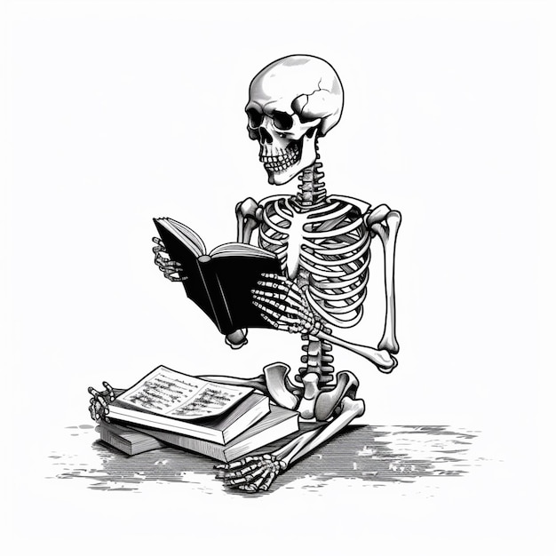 szkielet czyta książkę, siedząc na stosie książek generatywną ai