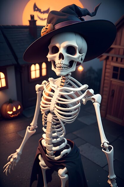 Szkielet Halloween przed domem nawiedzonym