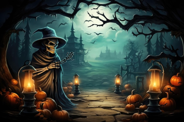 Szkielet I Dynie Na Halloween Na Cmentarzu W Noc Pełni Księżyca świąteczne Wydarzenie Koncepcja Tła Banera Halloween Utworzono Przy Użyciu Technologii Generative Ai