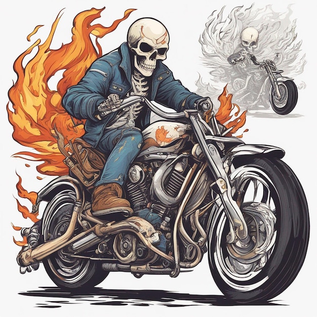 szkielet jadący na motocyklu w kurtce i dżinsach z gotowym wektorem projektu koszulki przeciwpożarowej