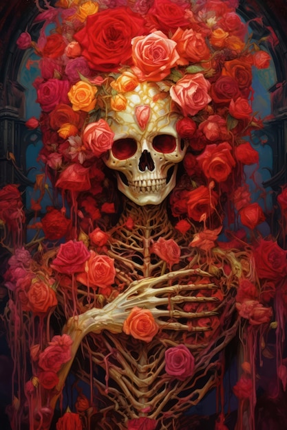 Szkielet jest ozdobiony różami i świecami.