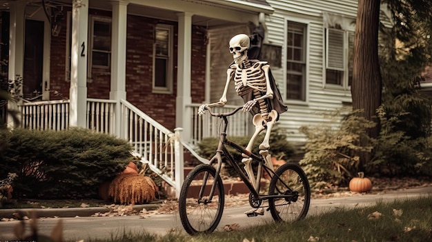 szkielet jeżdżący rowerem przed domem z dyniami na ziemi i drzewami wokół niego