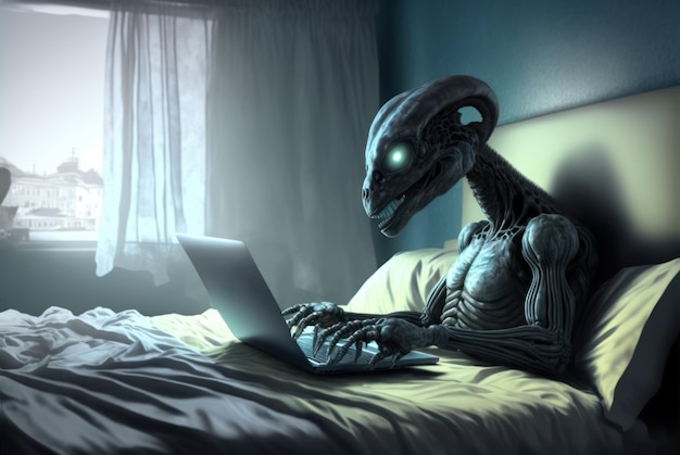 Szkielet leży w łóżku z laptopem w dłoni.