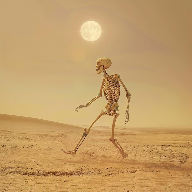 szkielet na pustyni z księżycem na tle