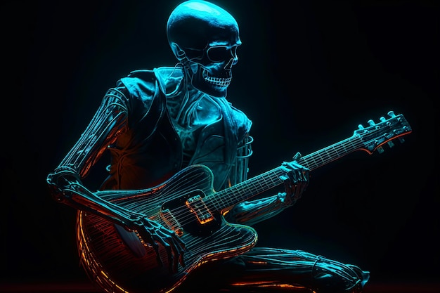Zdjęcie szkielet rocker lub punk gra na gitarze basowej ilustracja neon generative ai