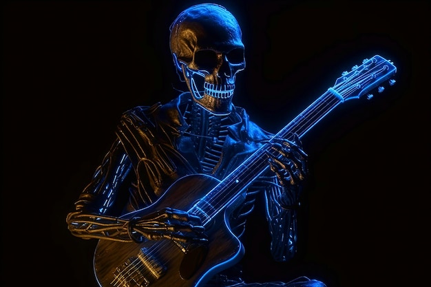 Zdjęcie szkielet rocker lub punk gra na gitarze rockowej ilustracja neon generative ai