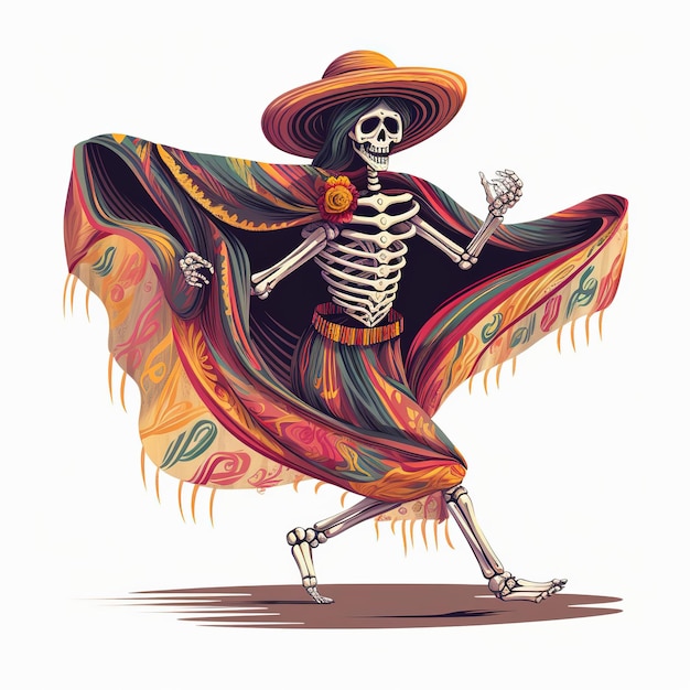Szkielet rysunkowy w meksykańskim stroju tańczący w meksykańskim kostiumie.