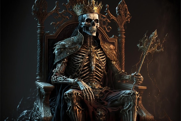 Szkielet siedzący na tronie z koroną na nim.