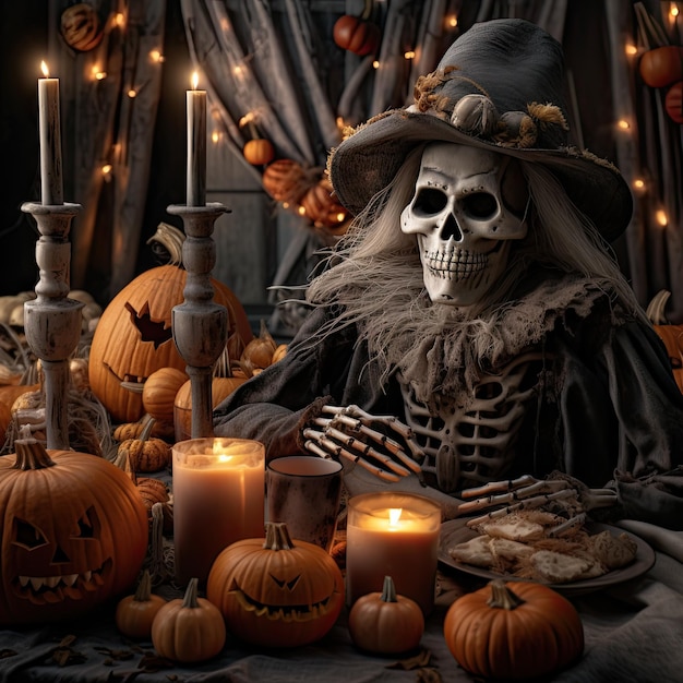 szkielet siedzący przy stole ze świecami i dyniami przed nim otoczony innymi dekoracjami halloweenowymi
