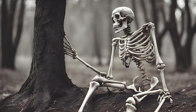 Zdjęcie szkielet siedzi na drzewie z drzewem na tle