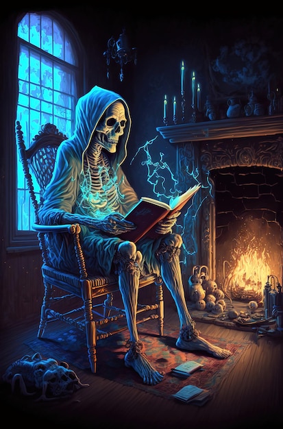 Szkielet śmierci siedzi w domu na krześle przy płonącym kominku i czyta książkę Przerażające historie na dobranoc Śmierć czyta książkę z fascynującymi historiami ilustracja 3d