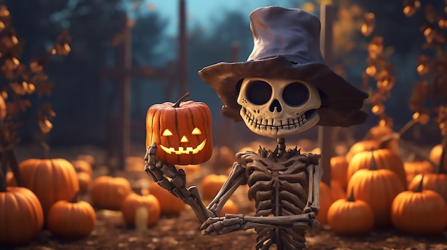 Szkielet trzymający drewniany klocek w lesie dyń i duszków halloweenowych