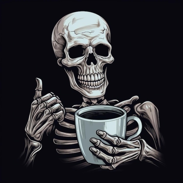 szkielet trzymający filiżankę kawy i wskazujący na nią generatywna ai