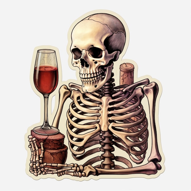 szkielet trzymający kieliszek wina i korek generatywny ai