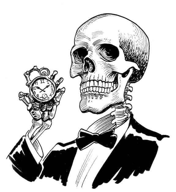 Szkielet trzymający zegar w garniturze i krawacie.