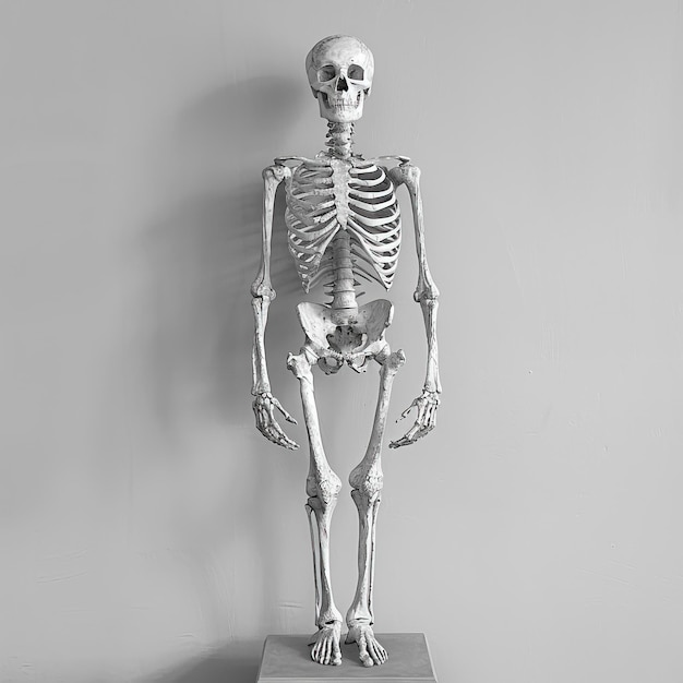 Szkielet w 34 widok patrzący lekko do przodu czaszka kąt czołowy ludzkie kości skierowane do przodu stworzone za pomocą generatywnej technologii sztucznej inteligencji