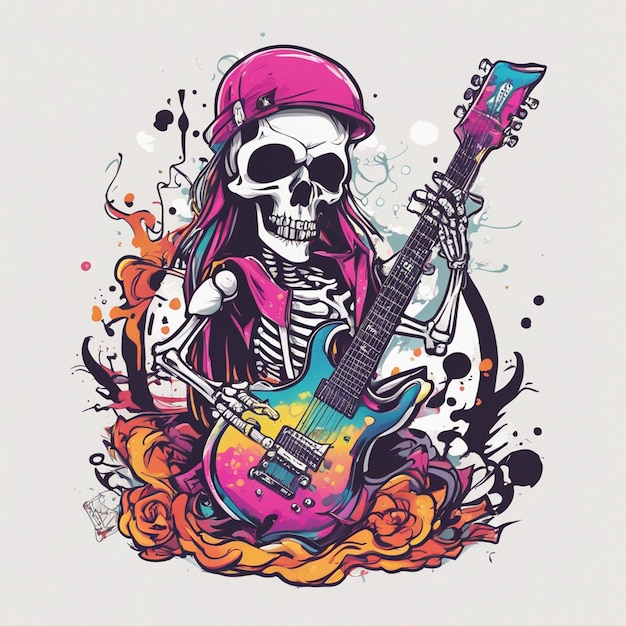 Zdjęcie szkielet w stylu rockowym z widokiem z boku gitary, czystym białym tłem i projektem koszulki